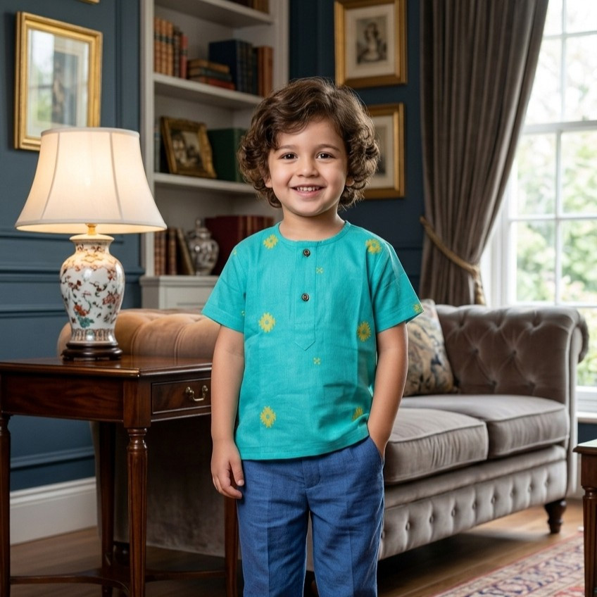 Aqua Cotton Jamdani Short Kurta