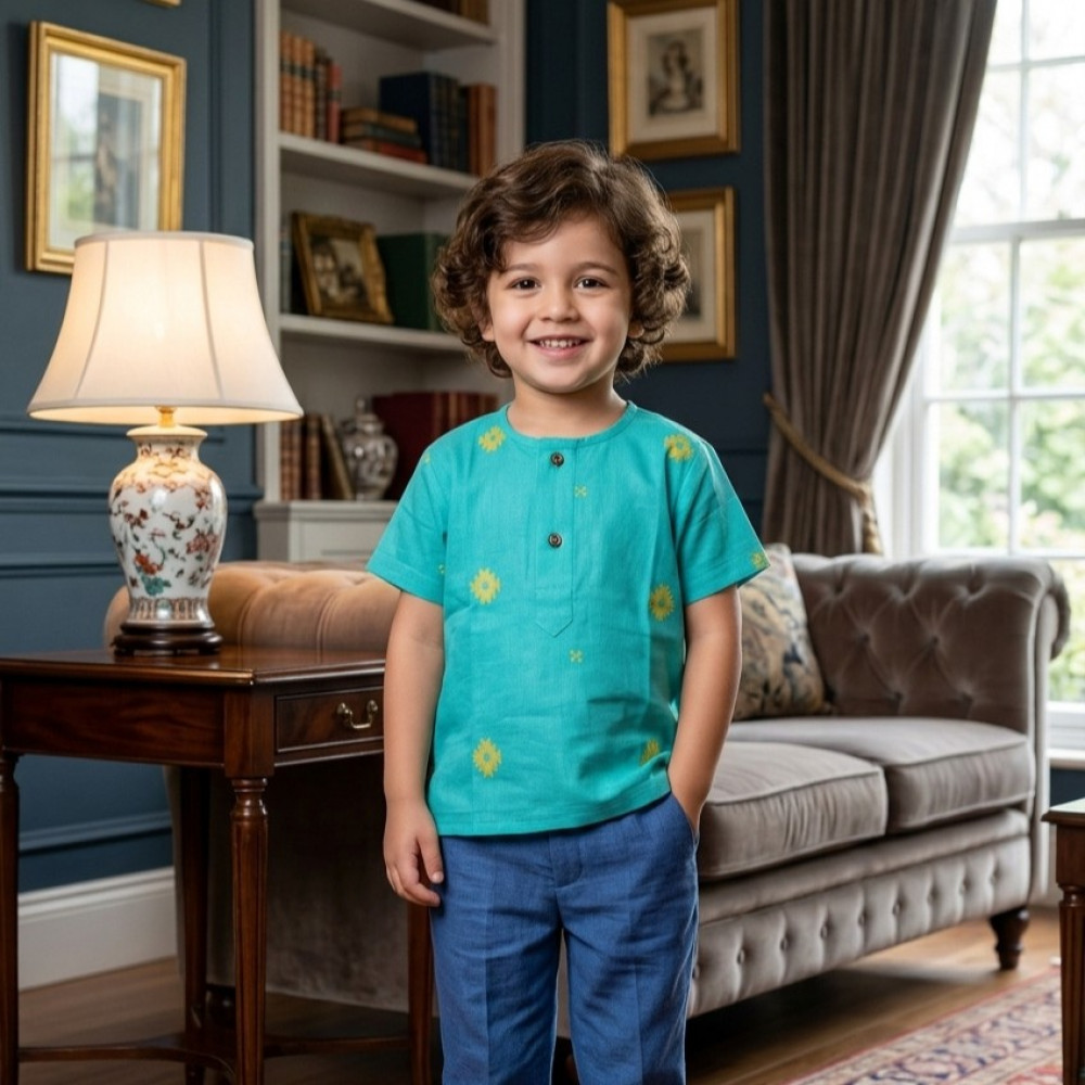 Image of Aqua Cotton Jamdani Short Kurta