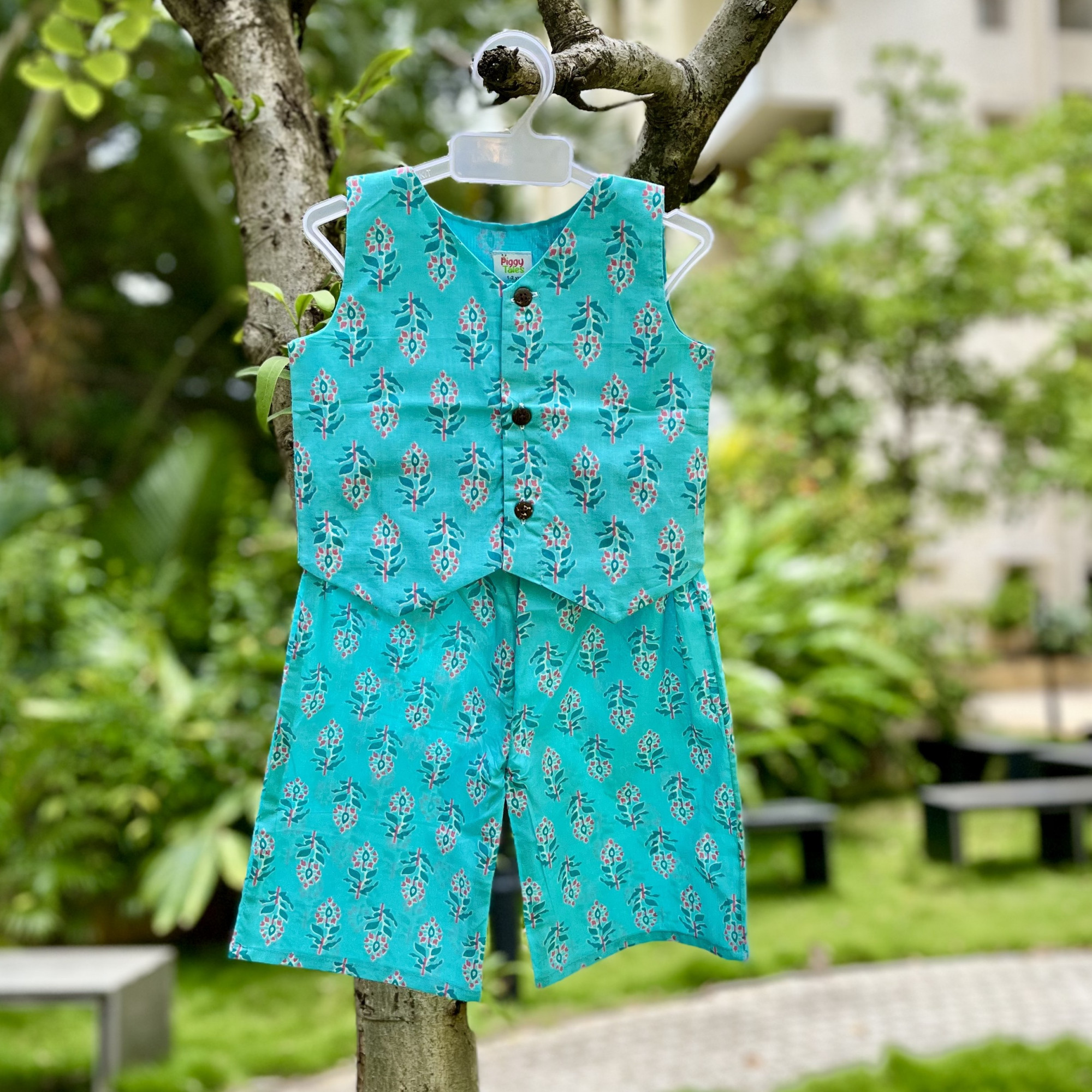 Turquoise Blue Floral Waistcoat and Pallazo Set