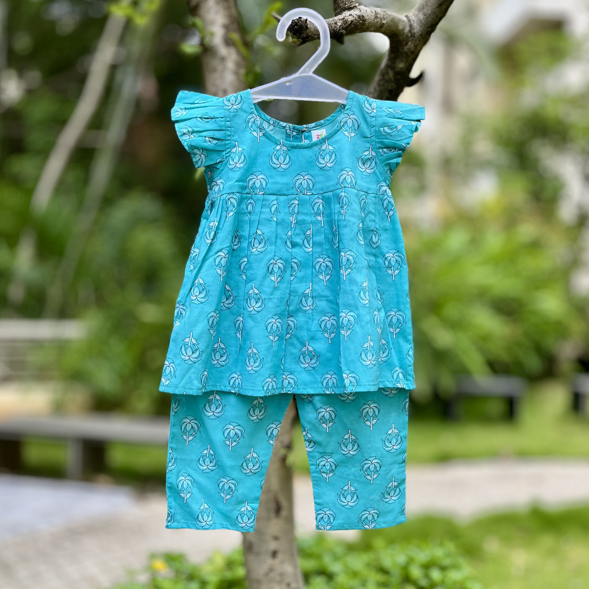 Aqua Blue Floral Frock-Style Top and Pants