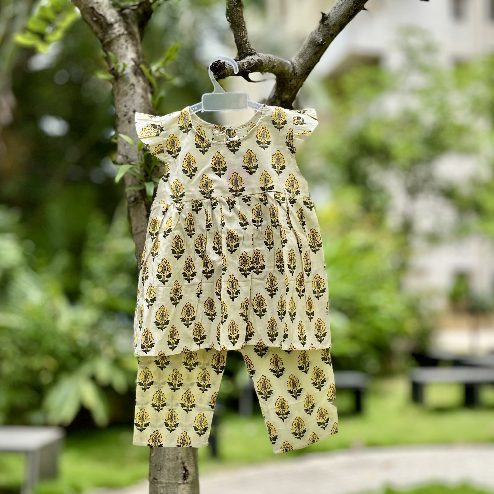 Cream Floral Frock-Style Top and Pants