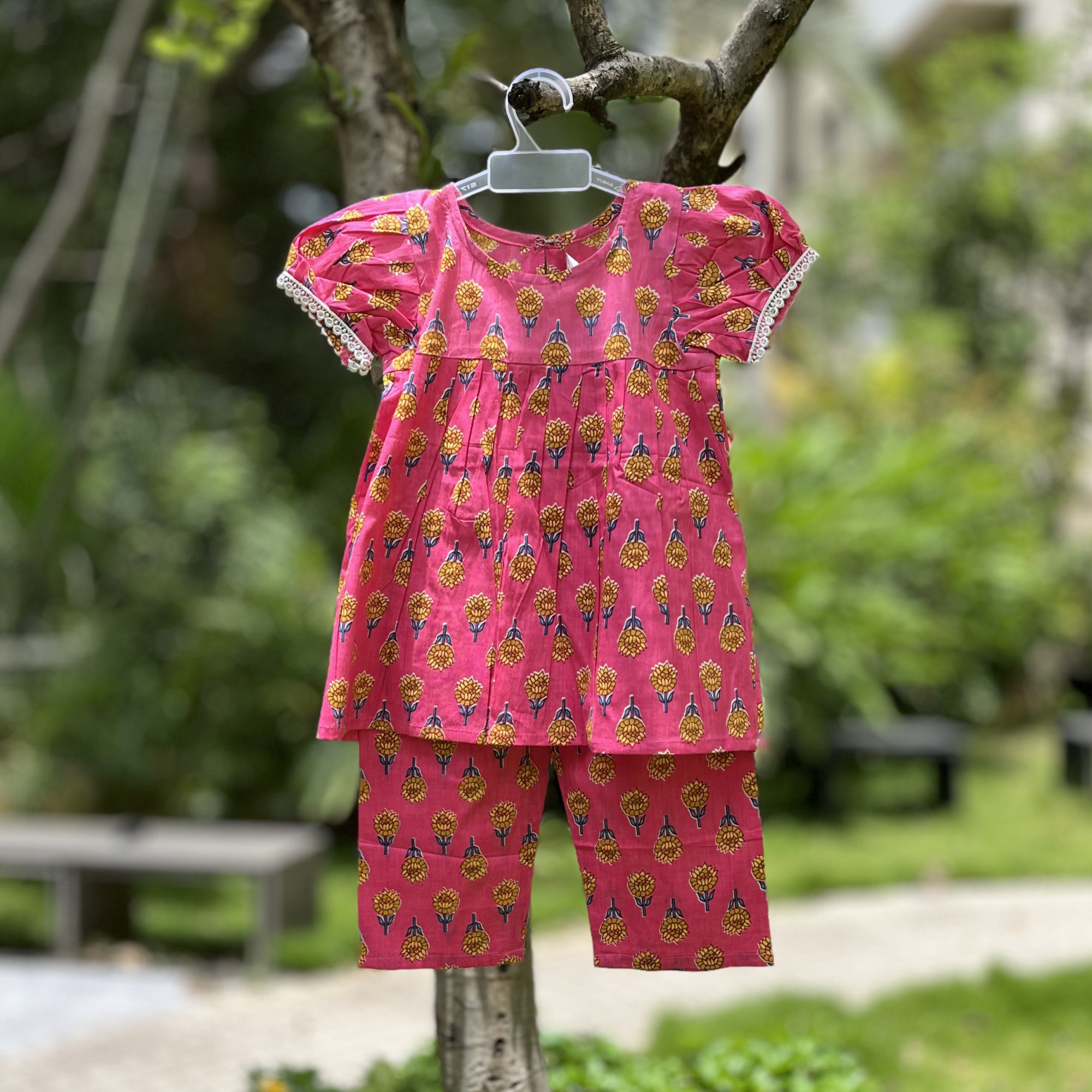 Pink Floral Frock-Style Top and Pants