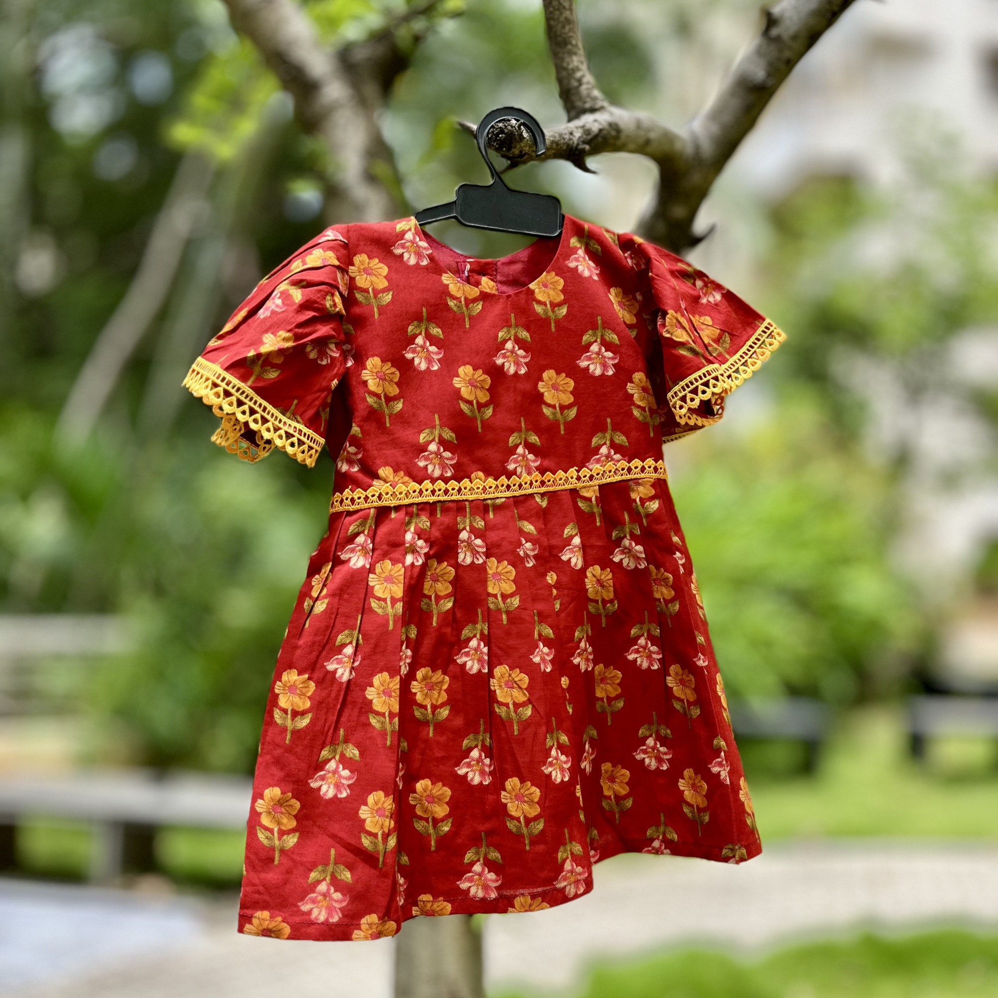 Deep Red Floral Cotton Frock