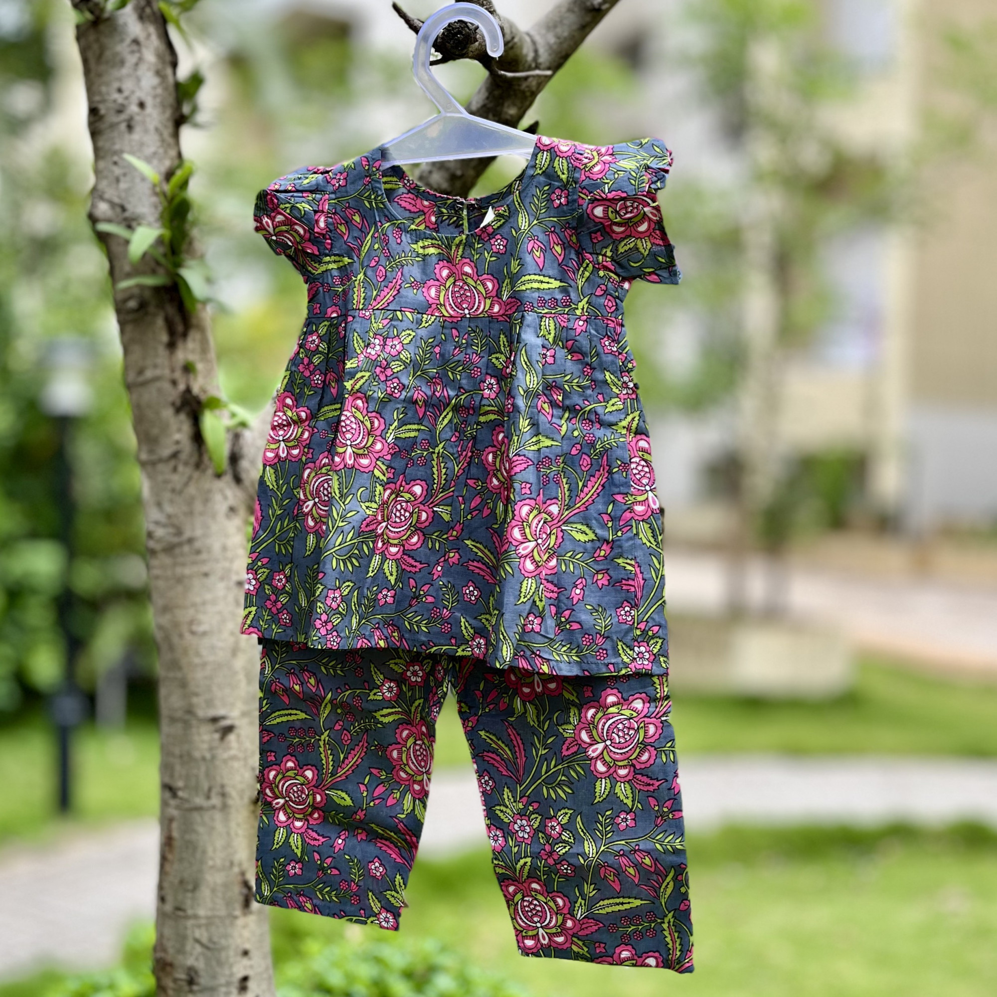 Charcoal Grey Floral Frock-Style Top and Pants