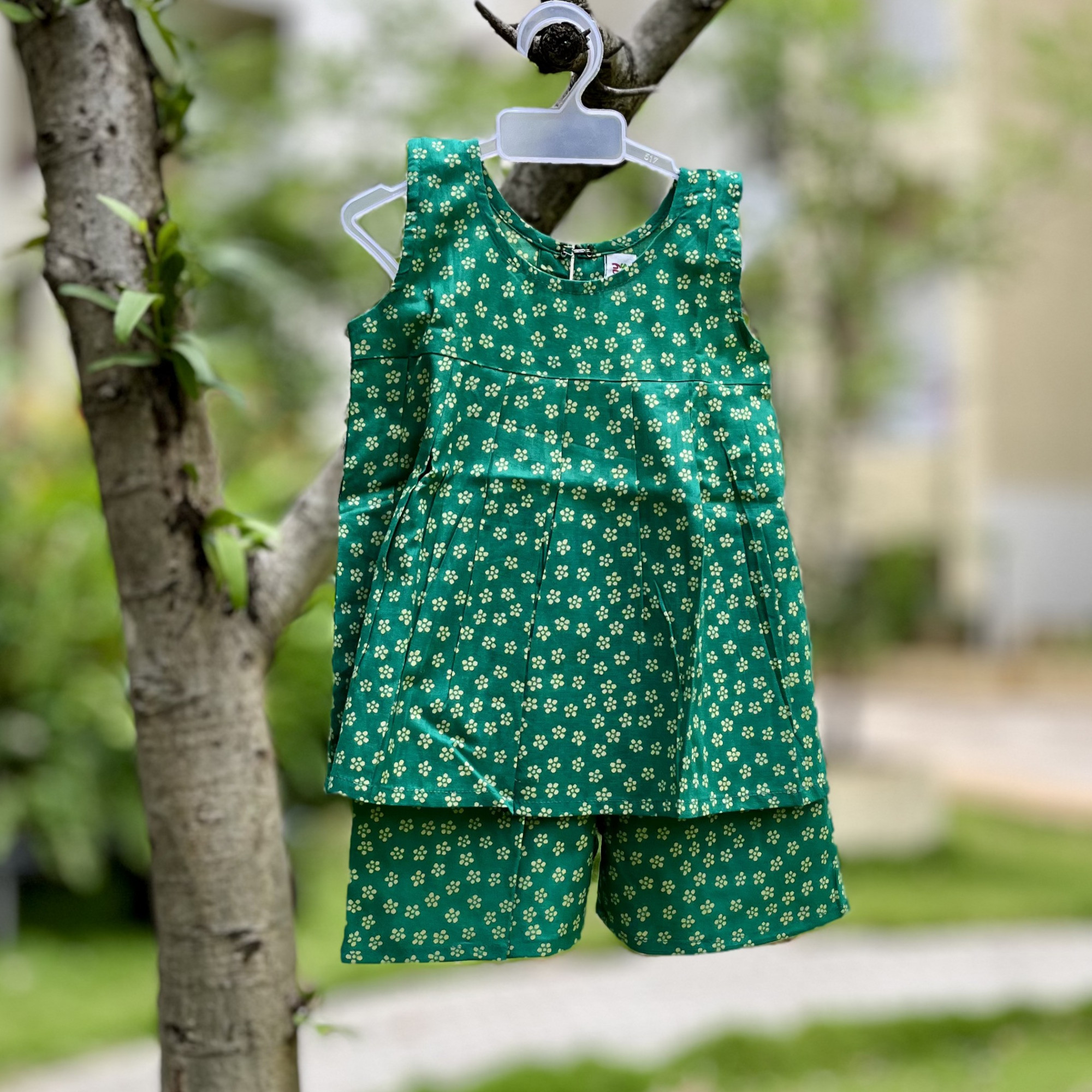Green Floral Frock-Style Top and Shorts