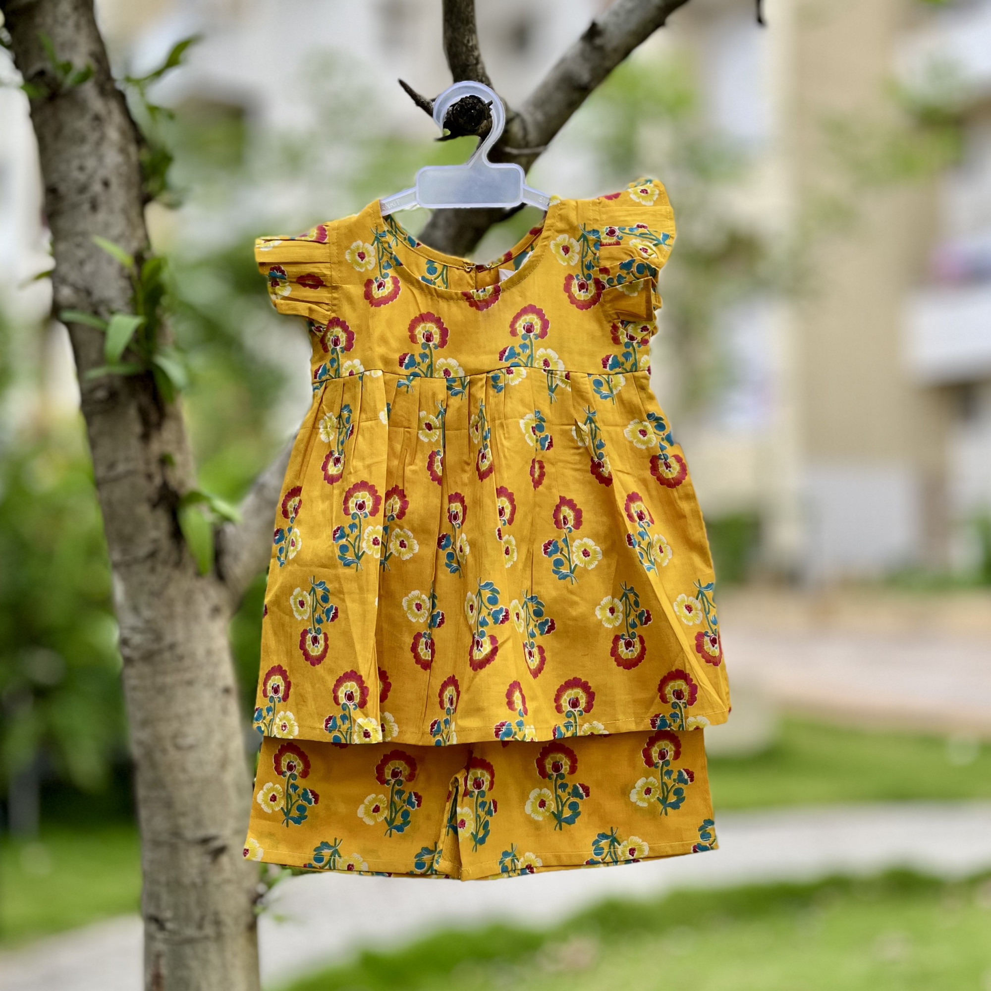 Mustard Yellow Floral Frock-Style Top and Shorts