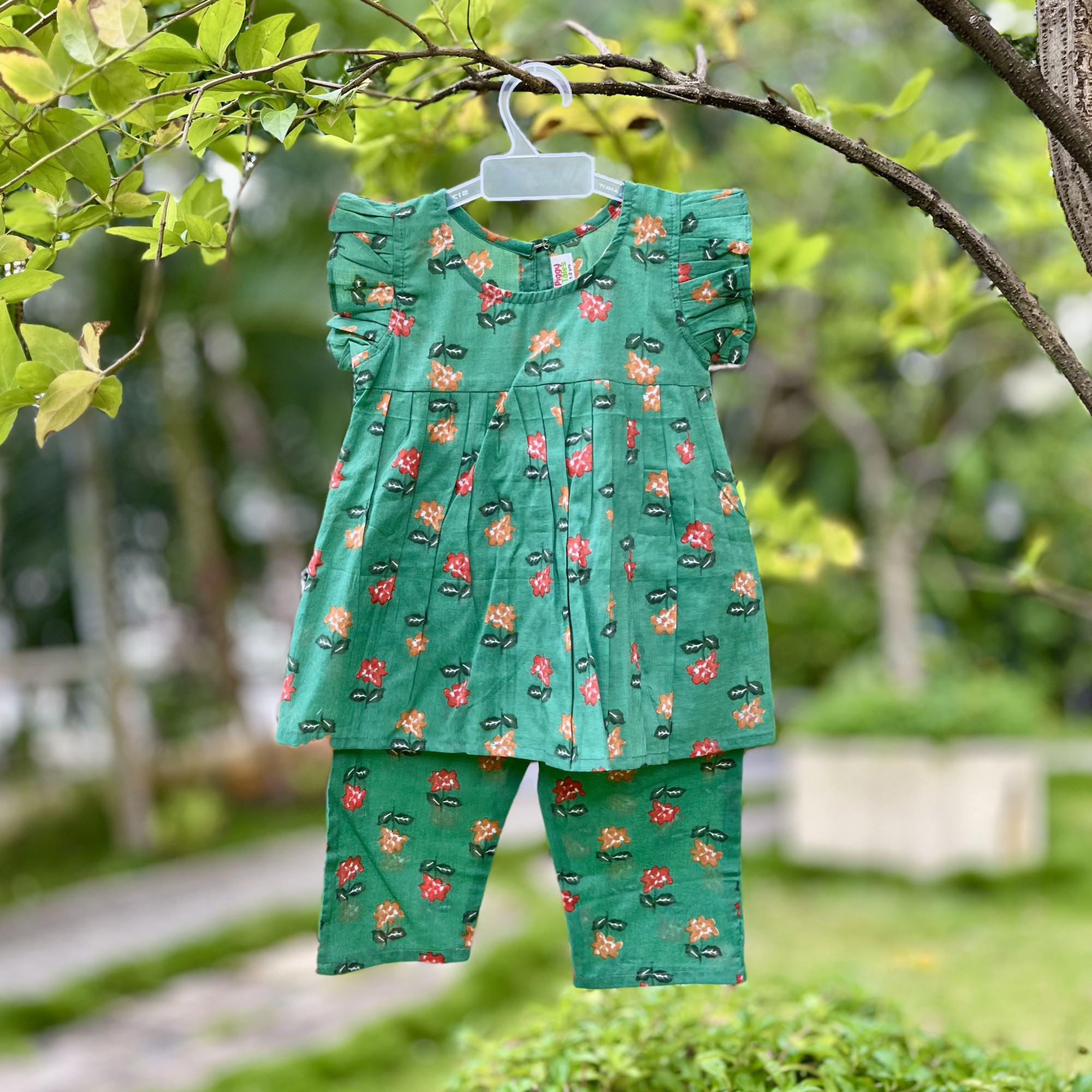 Forest Green Floral Frock-Style Top and Pants