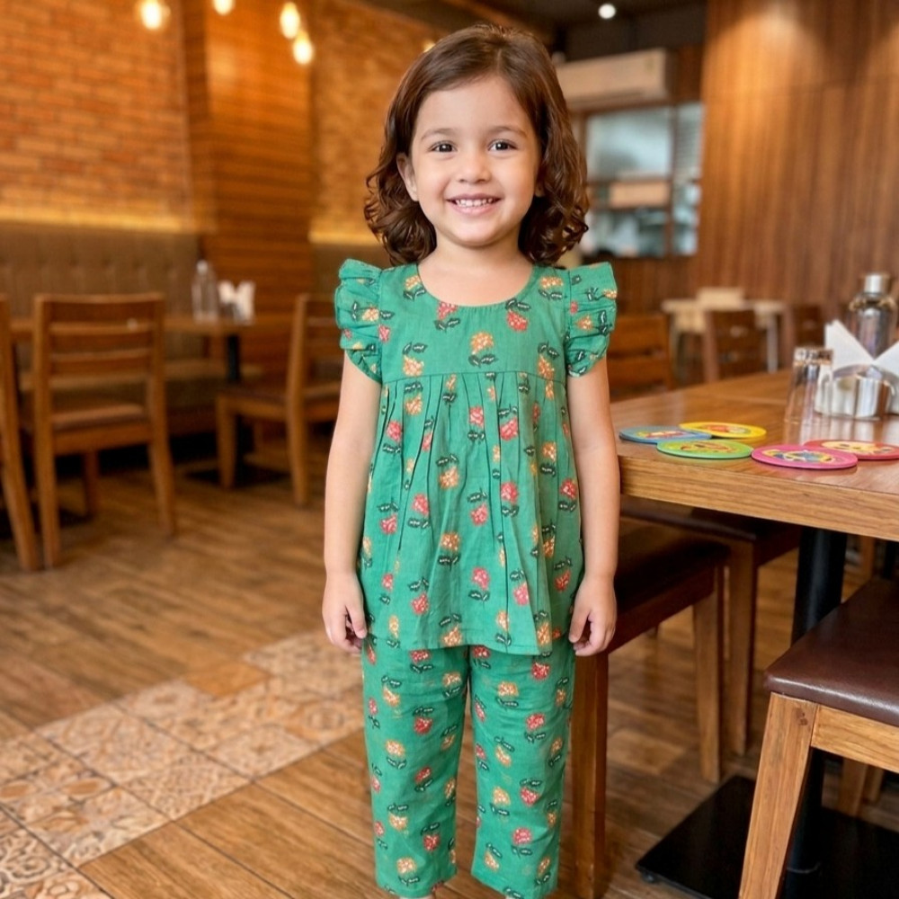 Image of Forest Green Floral Frock-Style Top and Pants