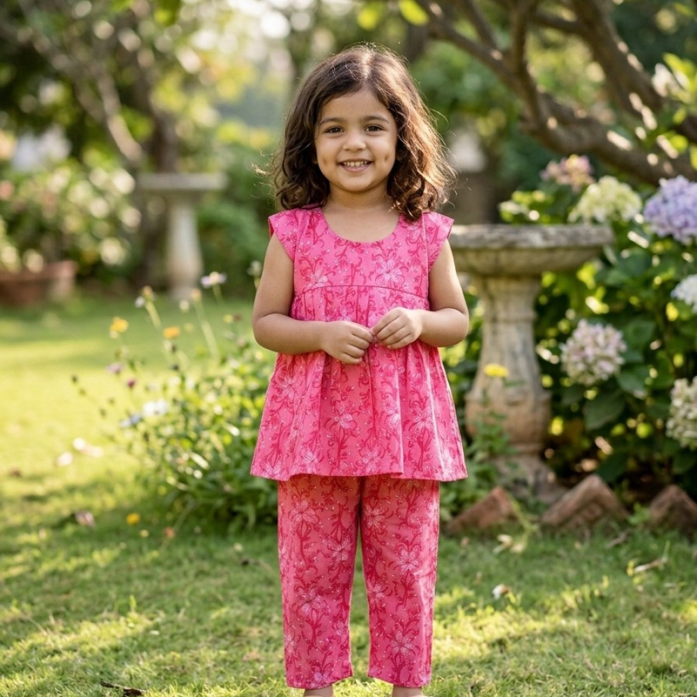 Image of Pink Floral Frock-Style Top and Pants
