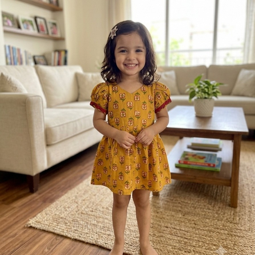 Mustard Yellow Floral Print Frock
