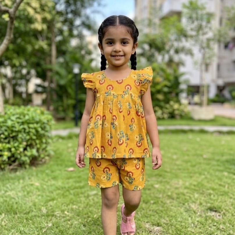 Mustard Yellow Floral Frock-Style Top and Shorts