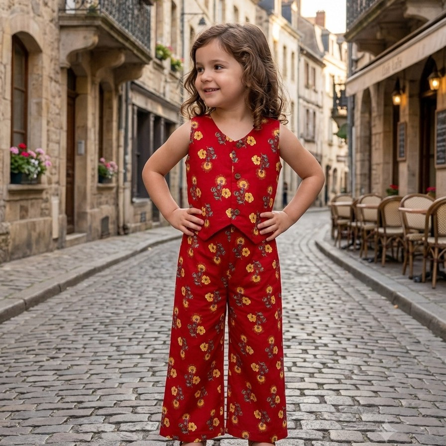 Red Floral Waistcoat and Pallazo Set