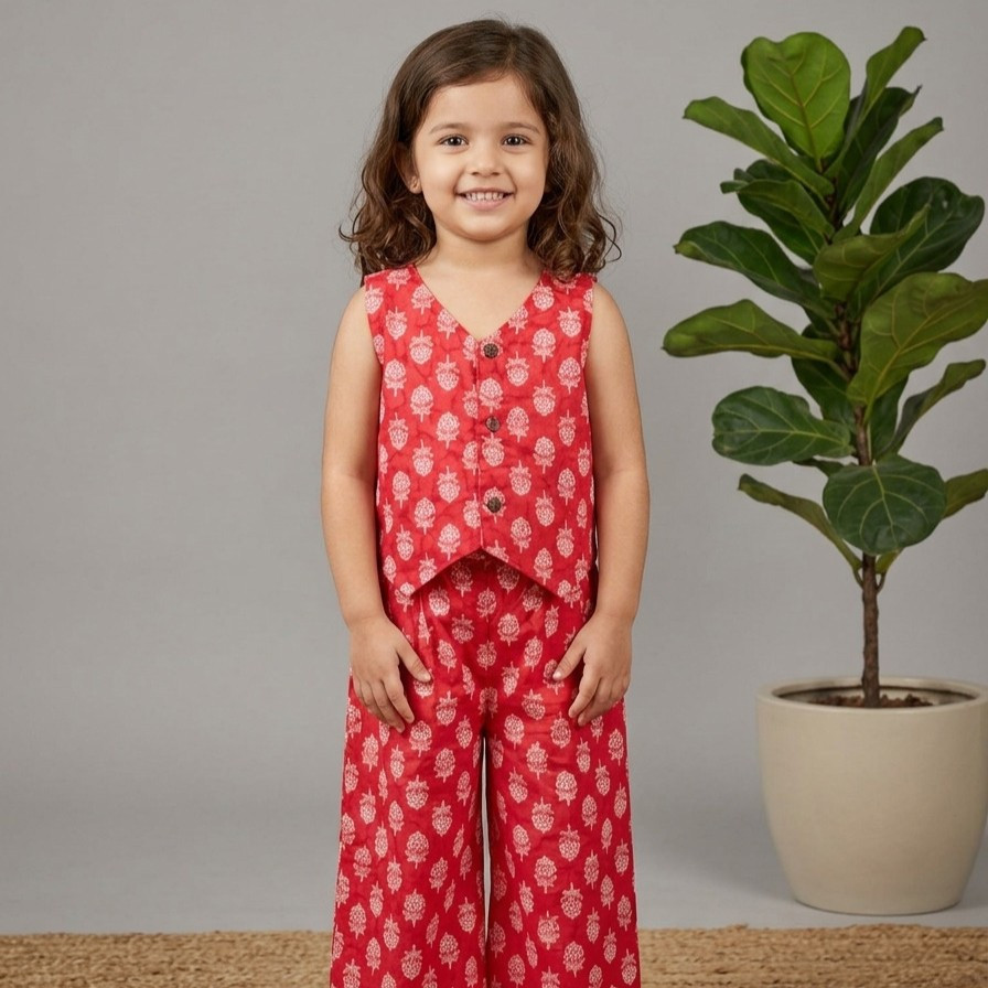 Coral Pink Floral Waistcoat and Pallazo Set
