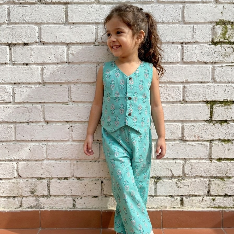 Turquoise Blue Floral Waistcoat and Pallazo Set