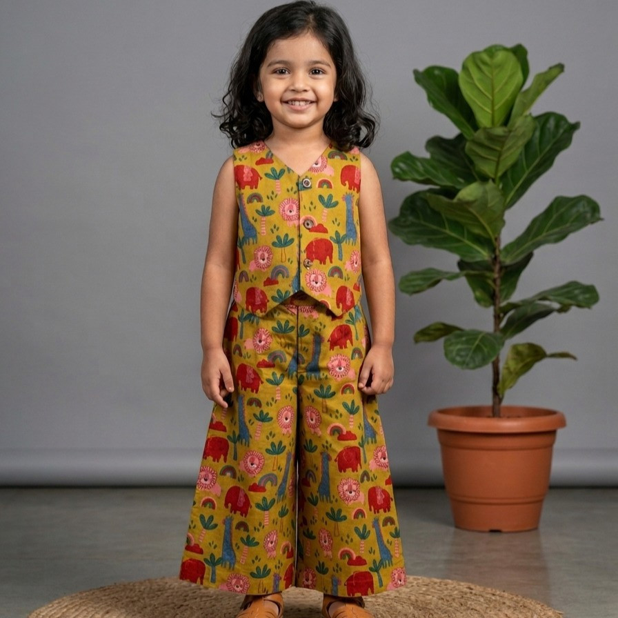 Mustard Animal Waistcoat and Pallazo Set