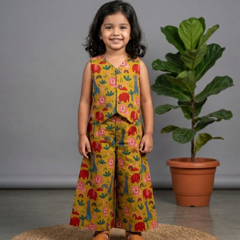 Image of Mustard Animal Waistcoat and Pallazo Set