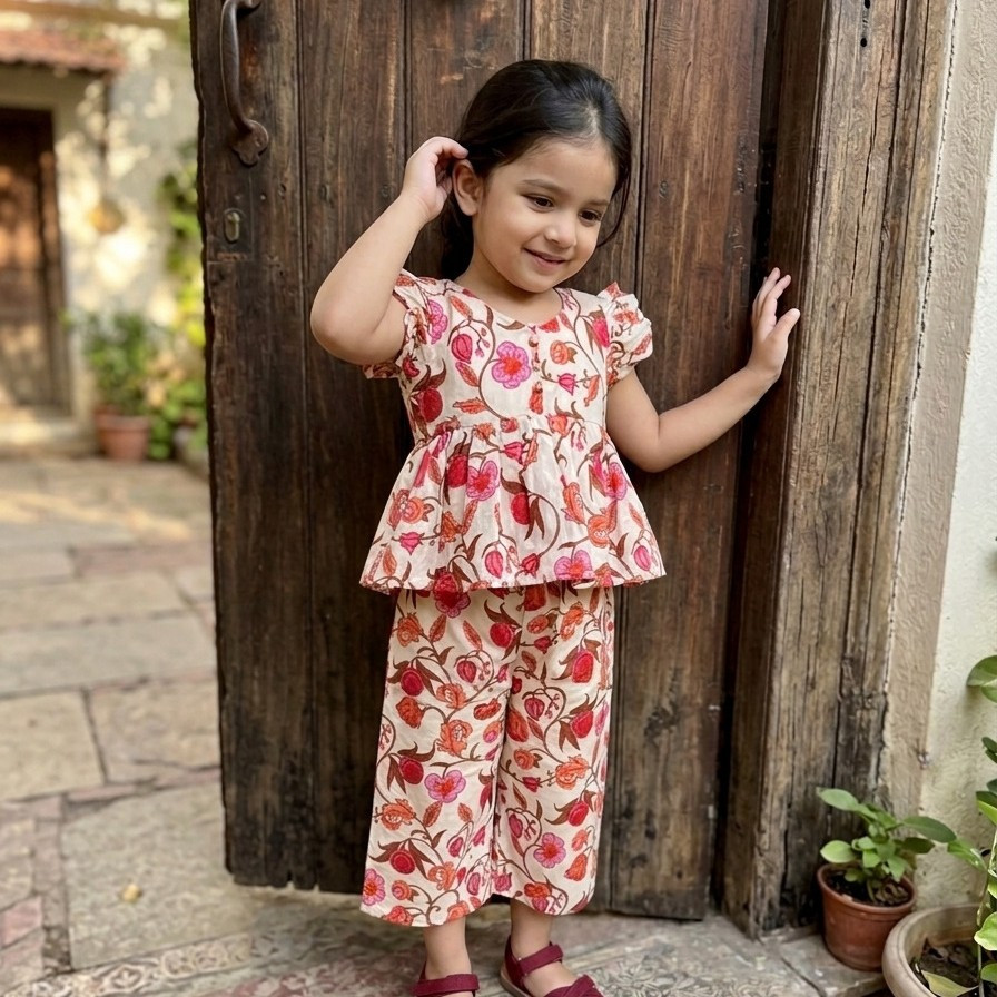 Cream Floral Peplum Pallazo Set