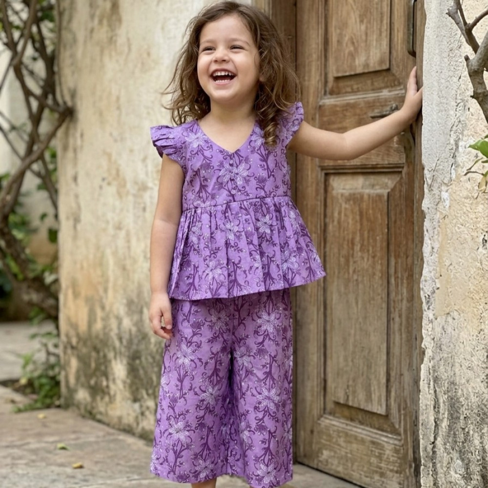 Image of Deep Lavender Floral Peplum Pallazo Set