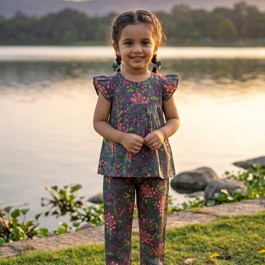 Charcoal Grey Floral Frock-Style Top and Pants