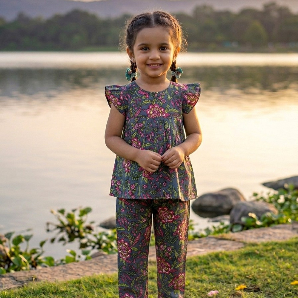 Image of Charcoal Grey Floral Frock-Style Top and Pants