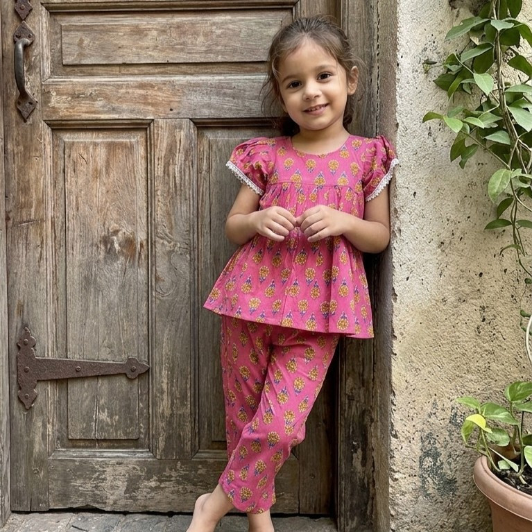 Pink Floral Frock-Style Top and Pants