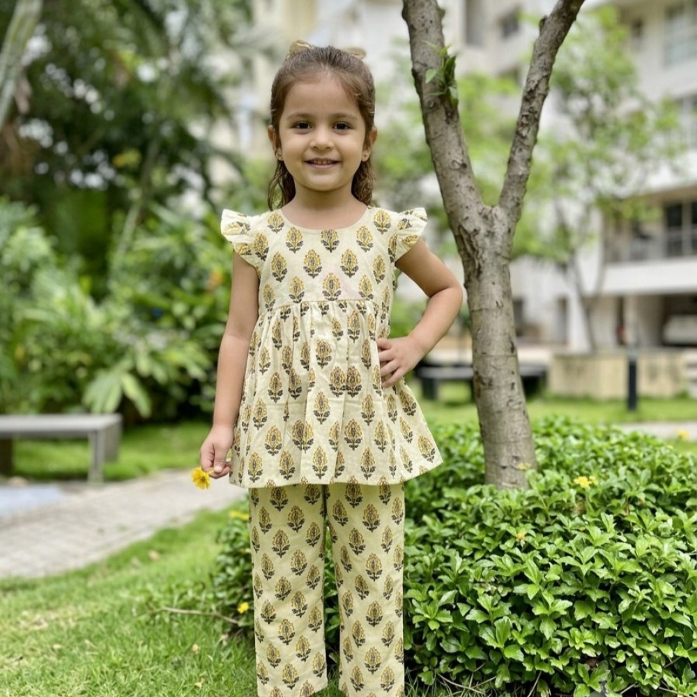 Image of Cream Floral Frock-Style Top and Pants