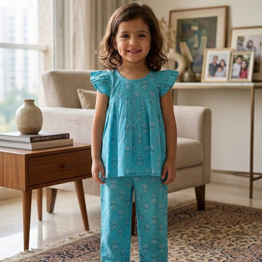 Image of Aqua Blue Floral Frock-Style Top and Pants