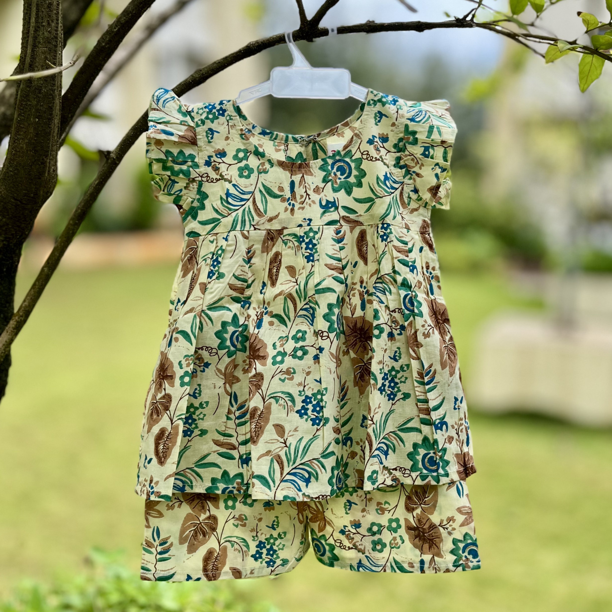 Ivory Botanical Frock-Style Top and Shorts