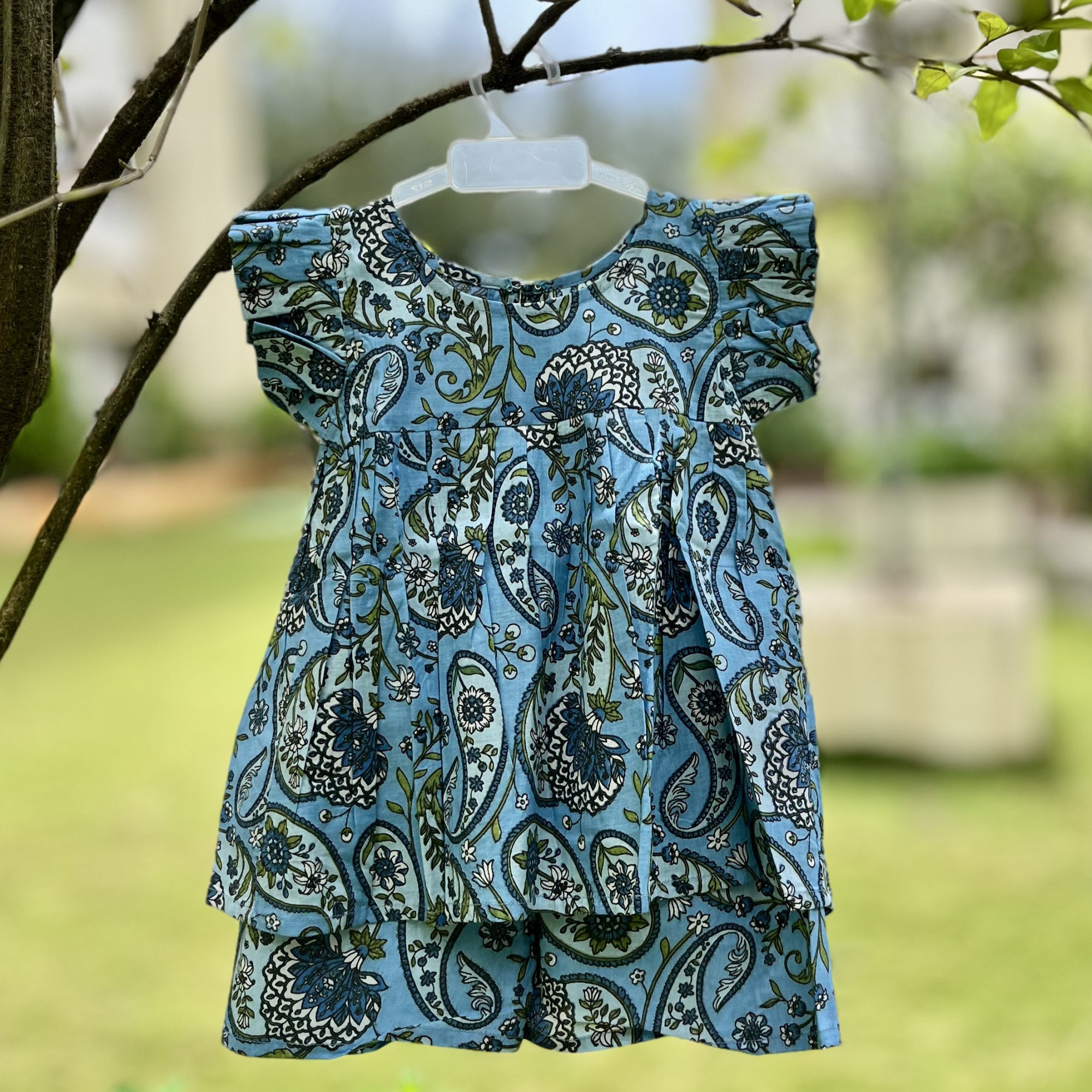 Dusty Blue Floral Frock-Style Top and Shorts