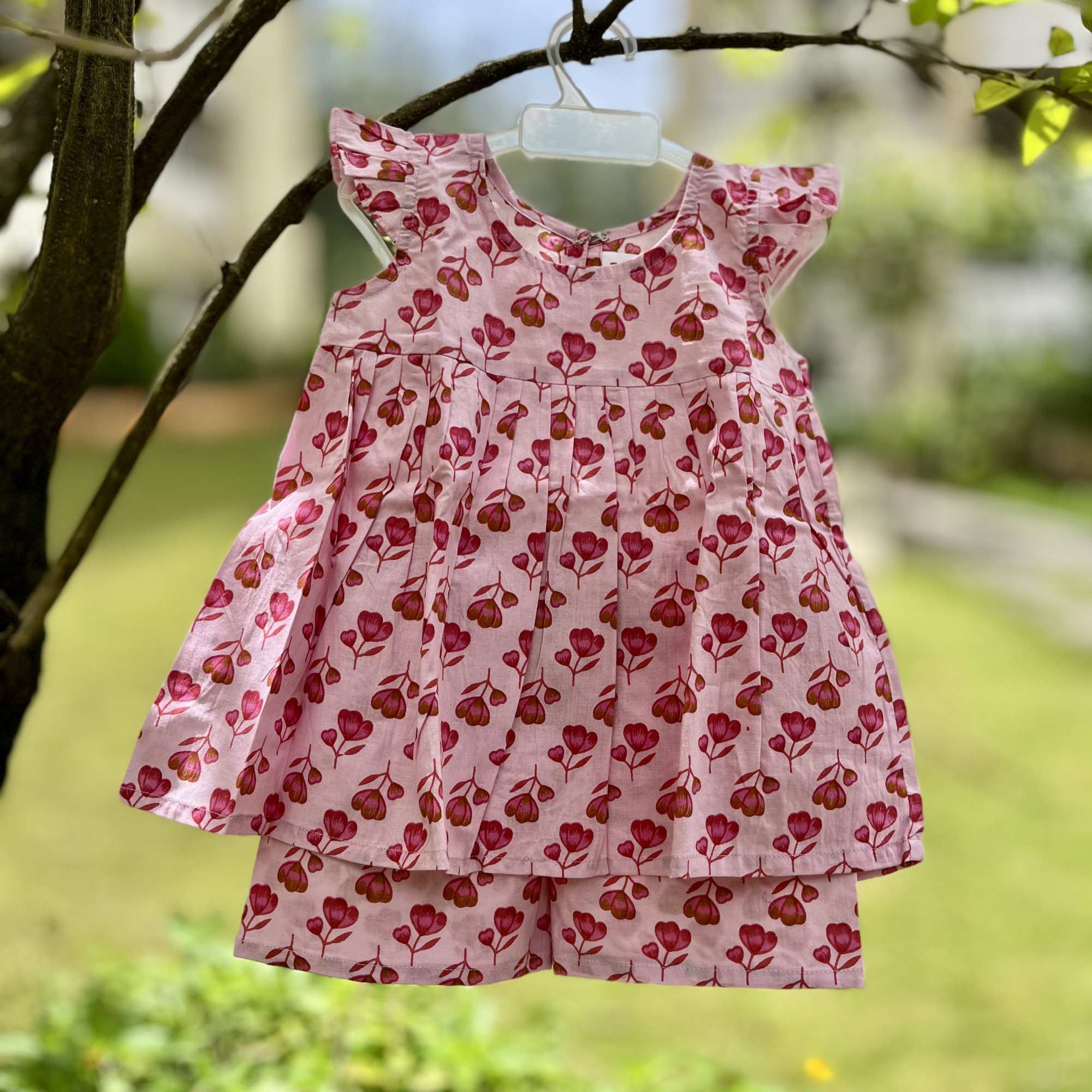 Rosy Pink Floral Frock-Style Top and Shorts
