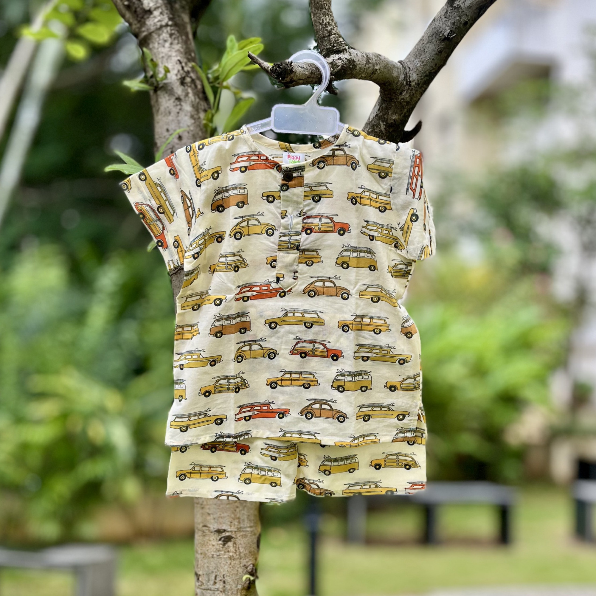 Off White and Yellow Vintage Car Print Summer Set