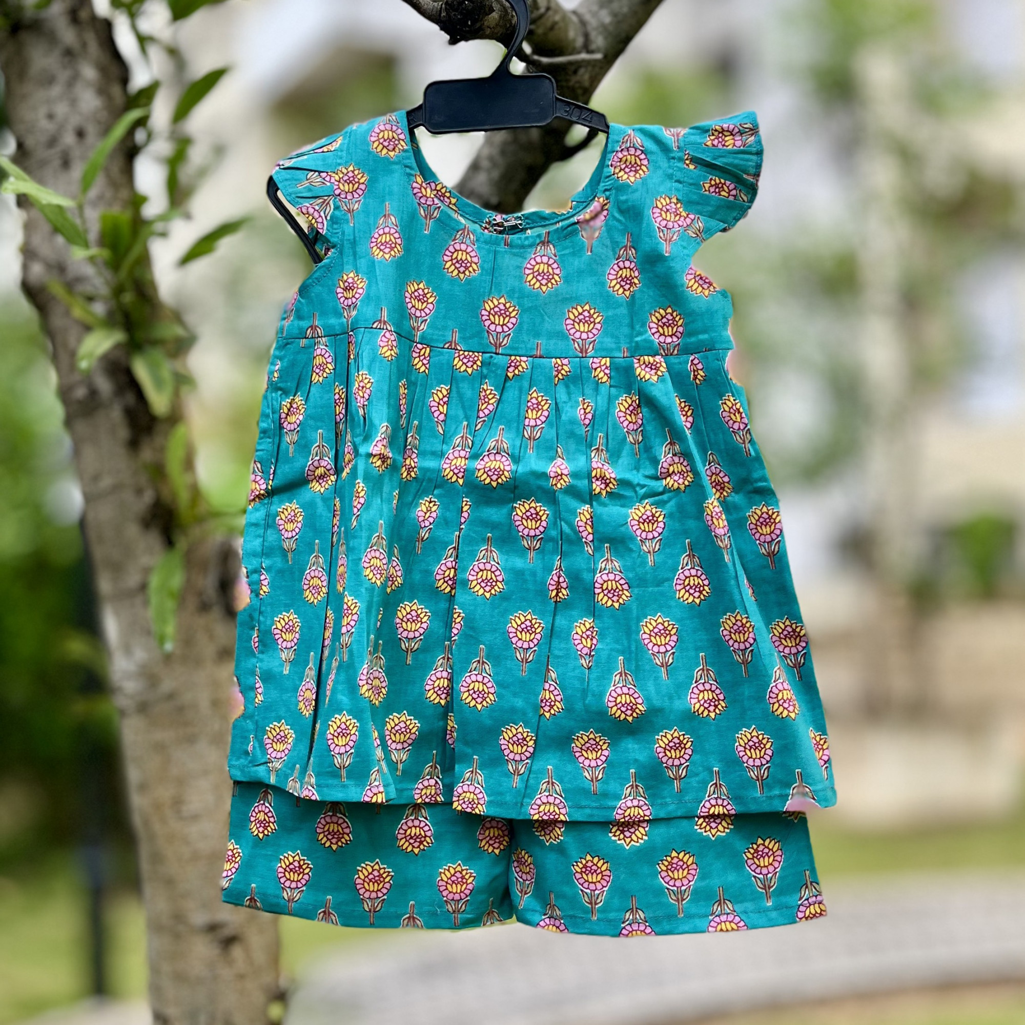 Teal Floral Frock-Style Top and Shorts