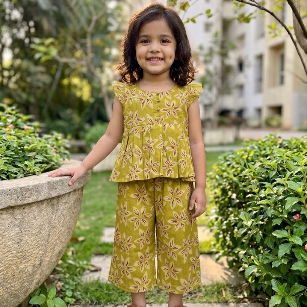 Image of Mustard Pink Floral Peplum Pallazo Set