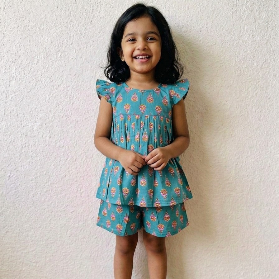 Teal Floral Frock-Style Top and Shorts