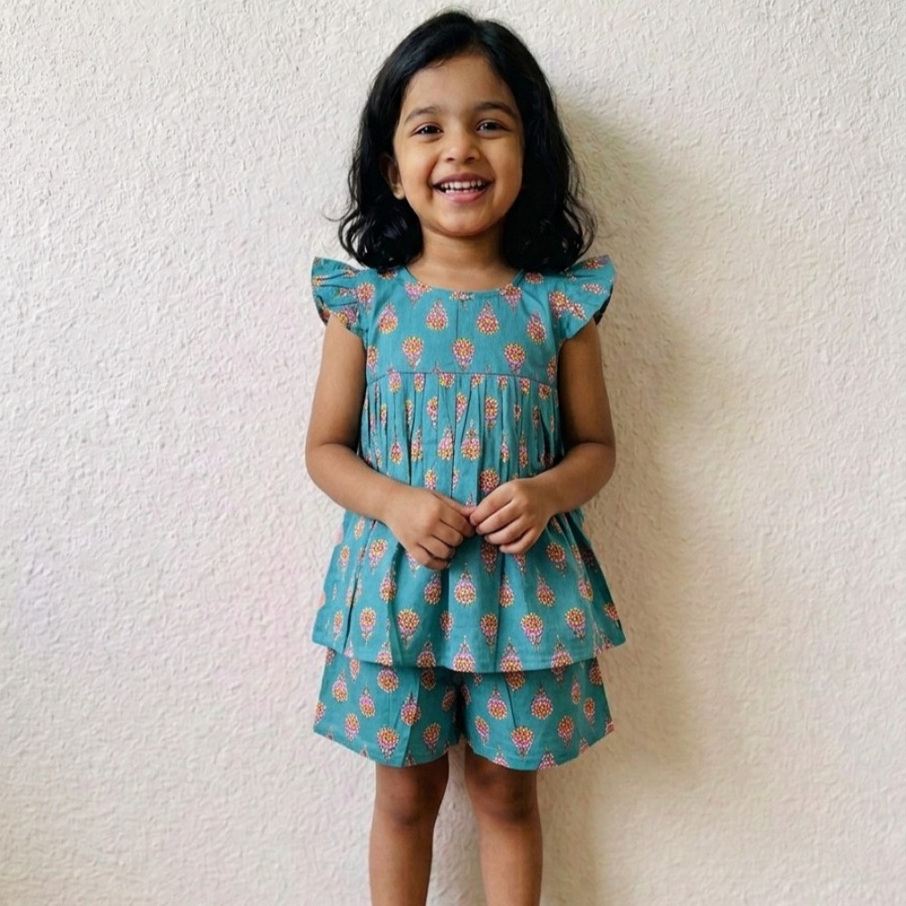 Image of Teal Floral Frock-Style Top and Shorts