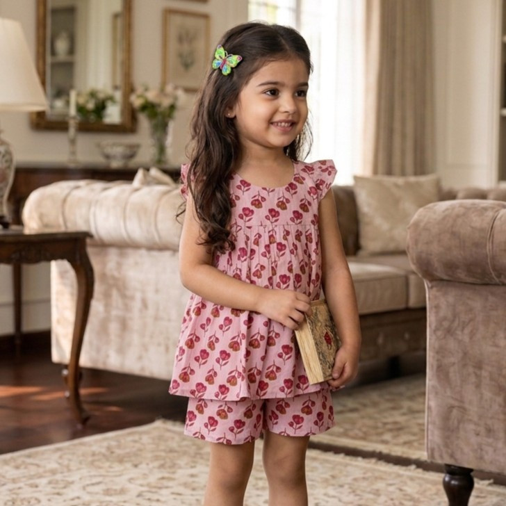 Rosy Pink Floral Frock-Style Top and Shorts