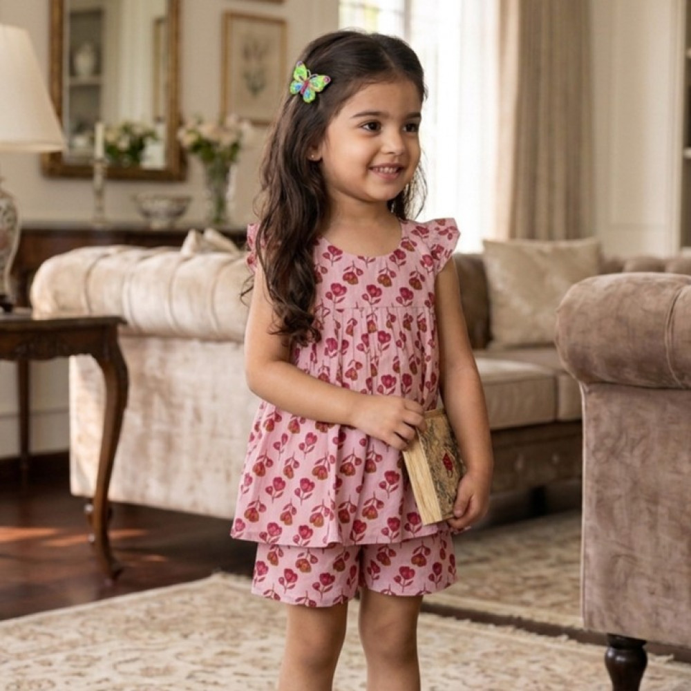 Image of Rosy Pink Floral Frock-Style Top and Shorts