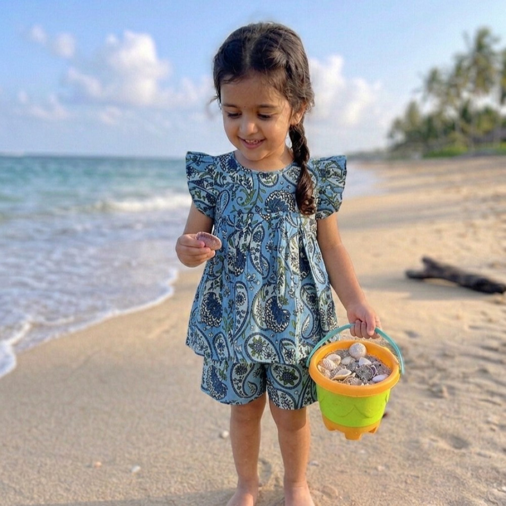 Image of Dusty Blue Floral Frock-Style Top and Shorts