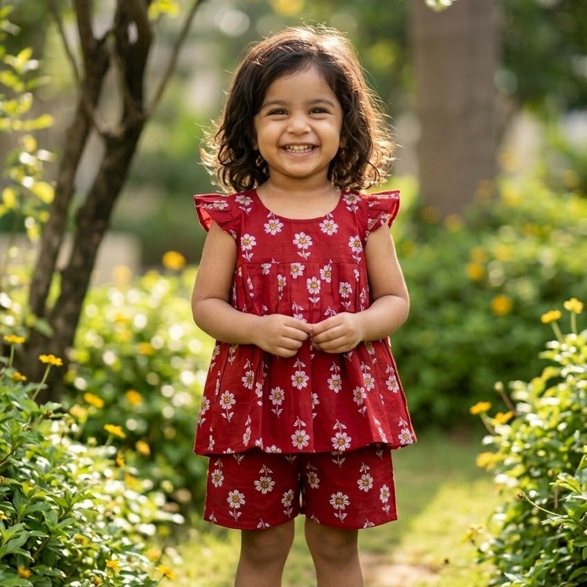 Red Daisy Frock-Style Top and Shorts
