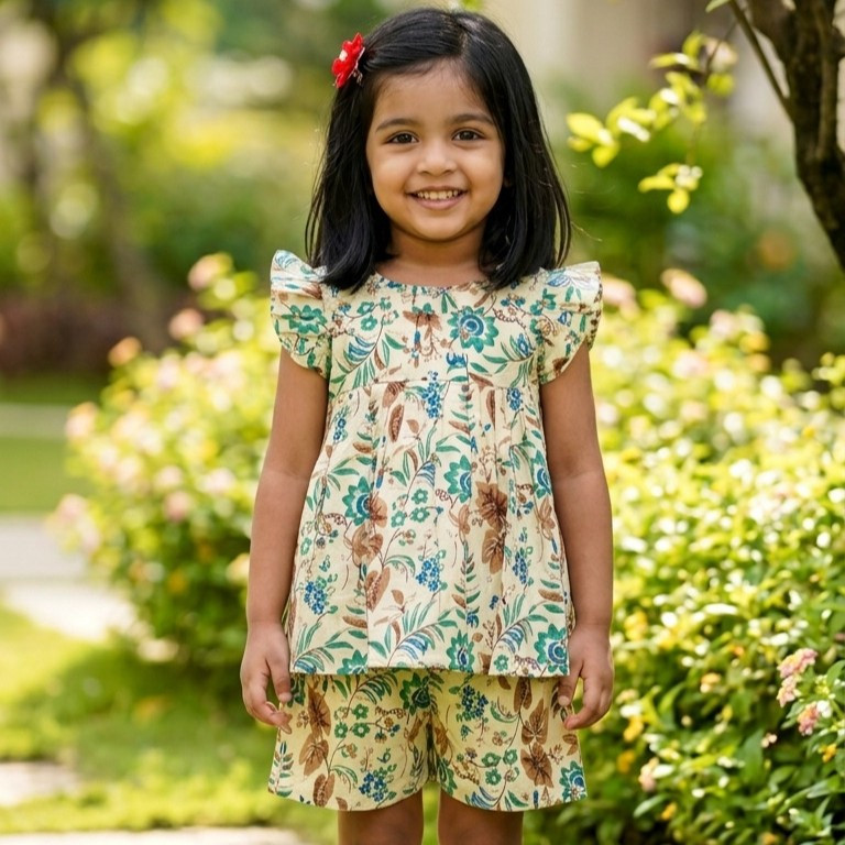 Ivory Botanical Frock-Style Top and Shorts