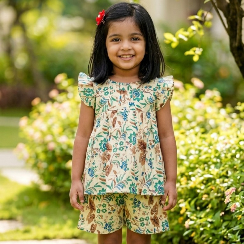 Image of Ivory Botanical Frock-Style Top and Shorts