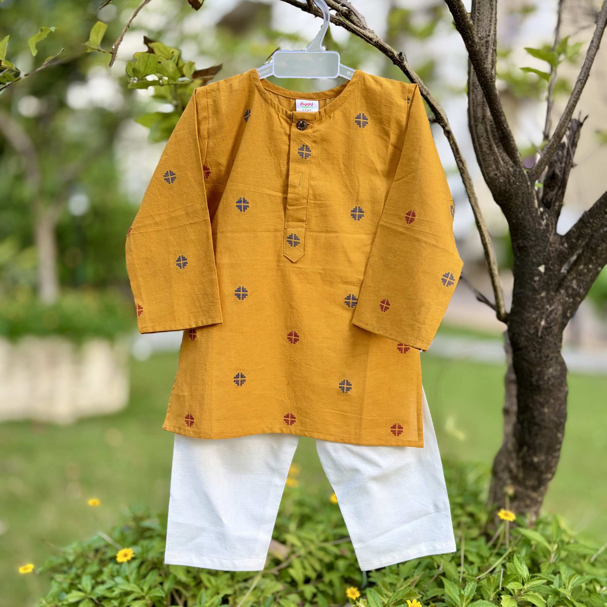 Mustard Motif Kurta Set for Boys