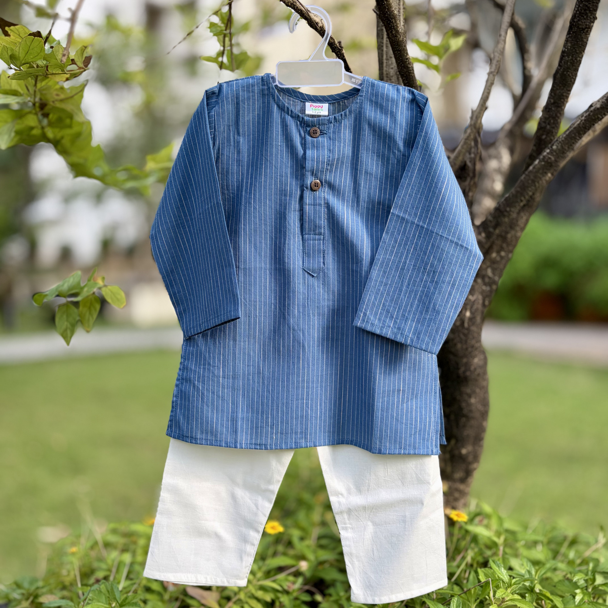 Denim Blue Stripe Kurta Set for Boys
