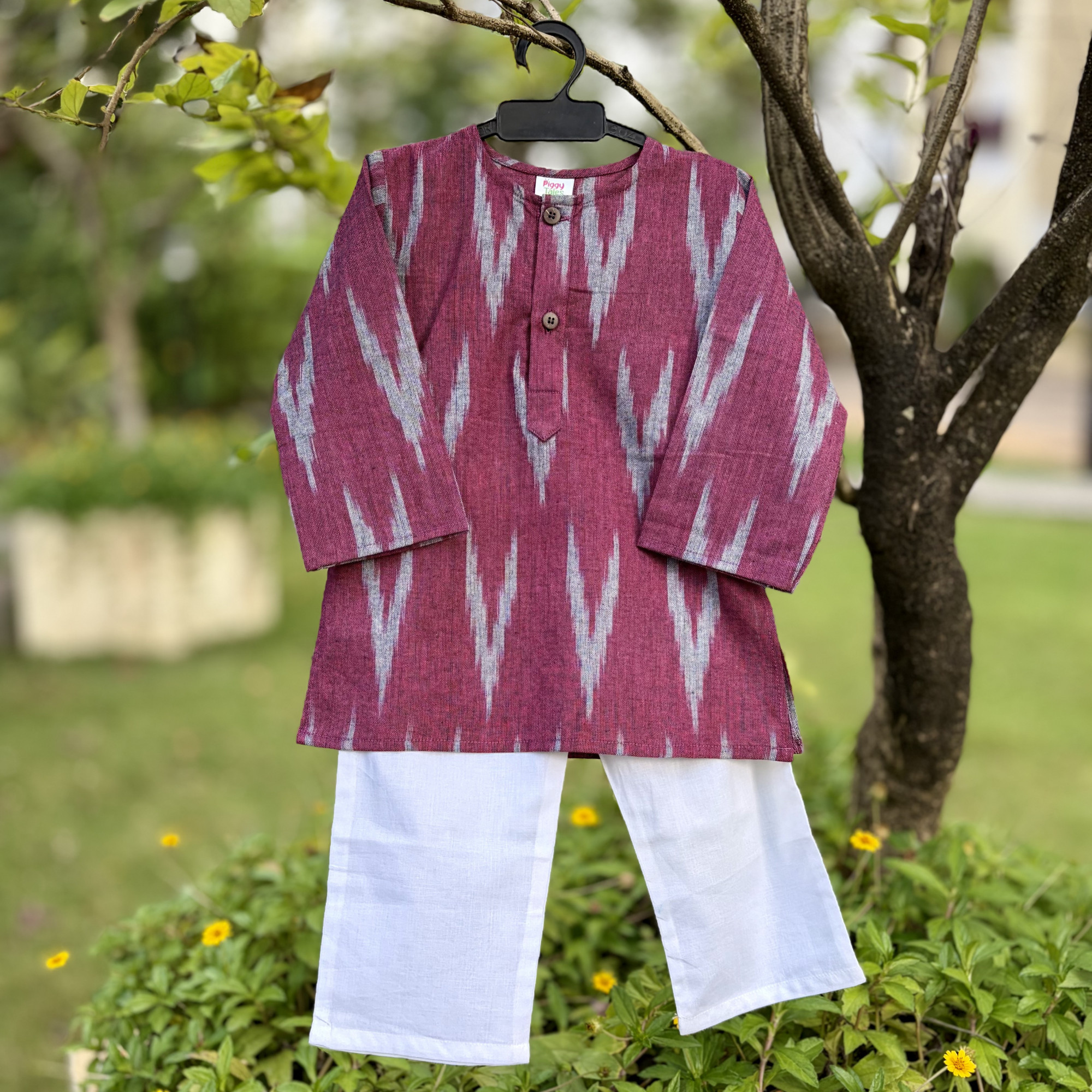 Wine Ikkat Kurta Set for Boys