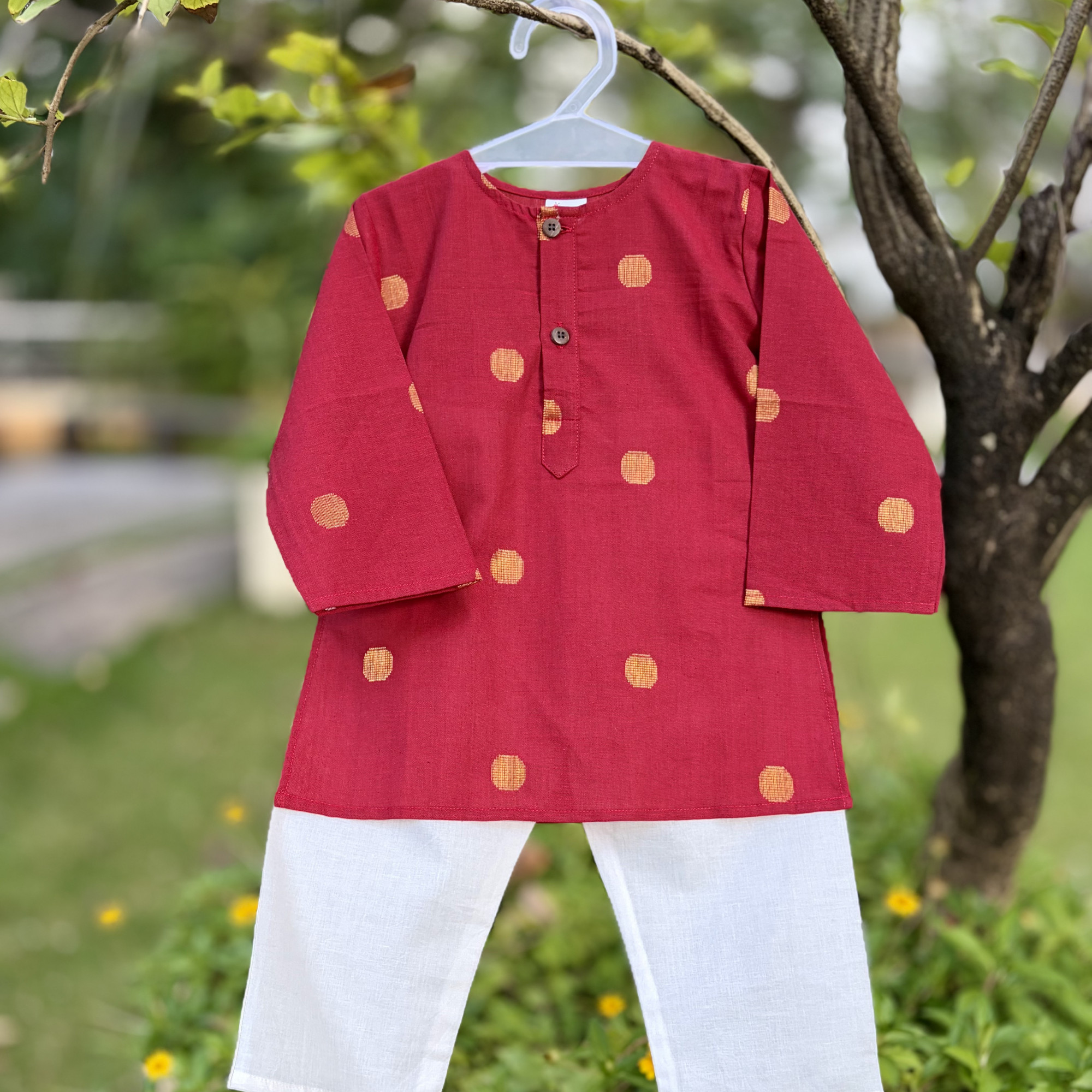 Maroon Polka Kurta Set for Boys