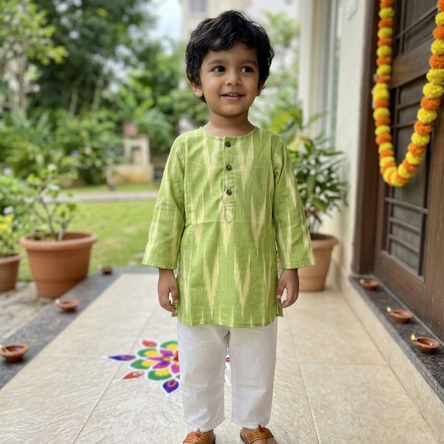 Light Green Ikkat Kurta Set for Boys