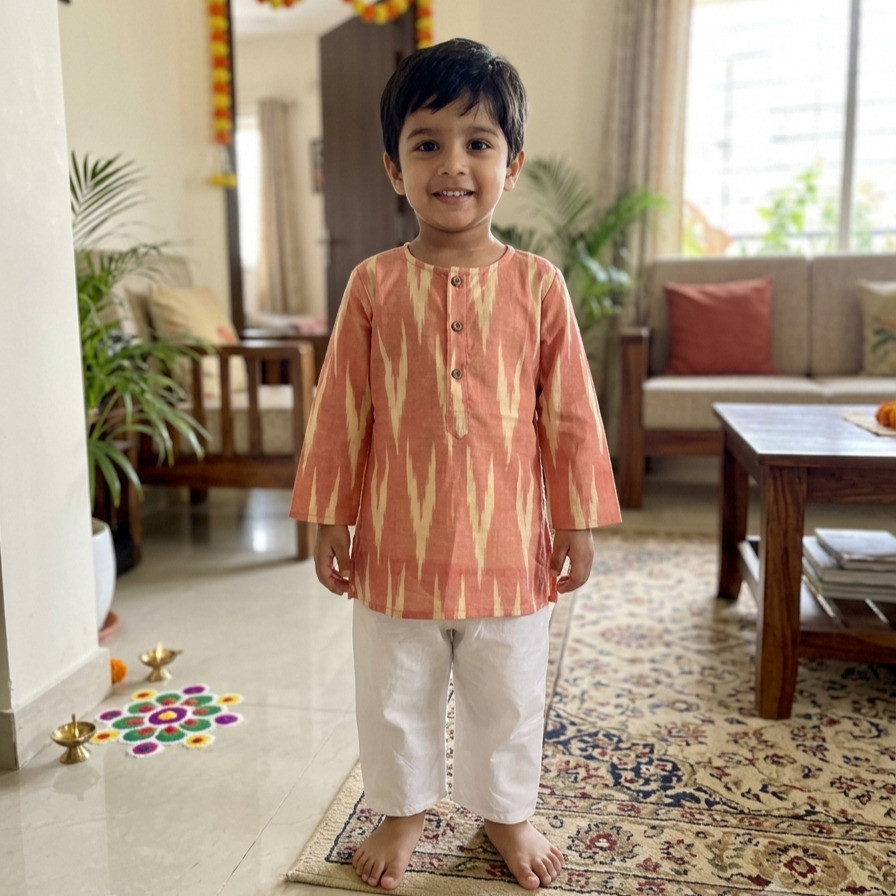 Peach Ikkat Kurta Set for Boys