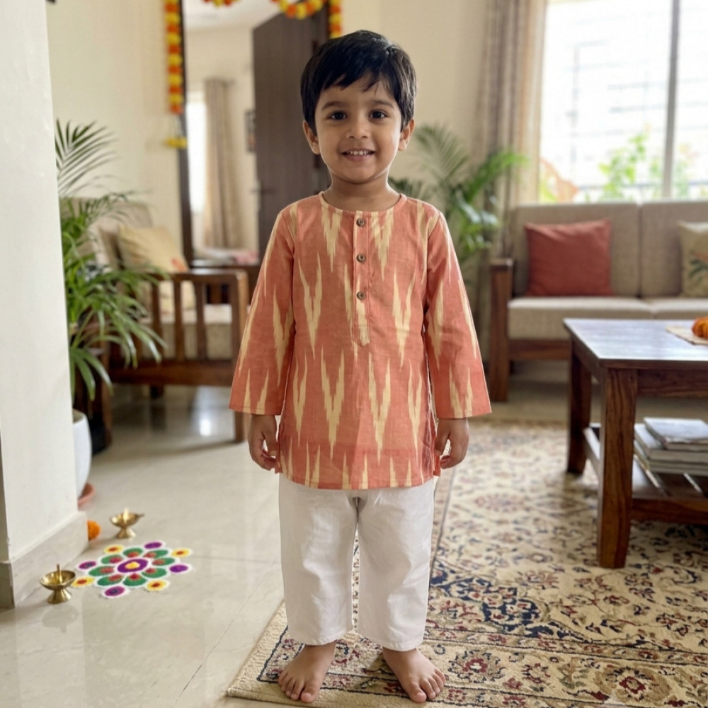 Image of Peach Ikkat Kurta Set for Boys