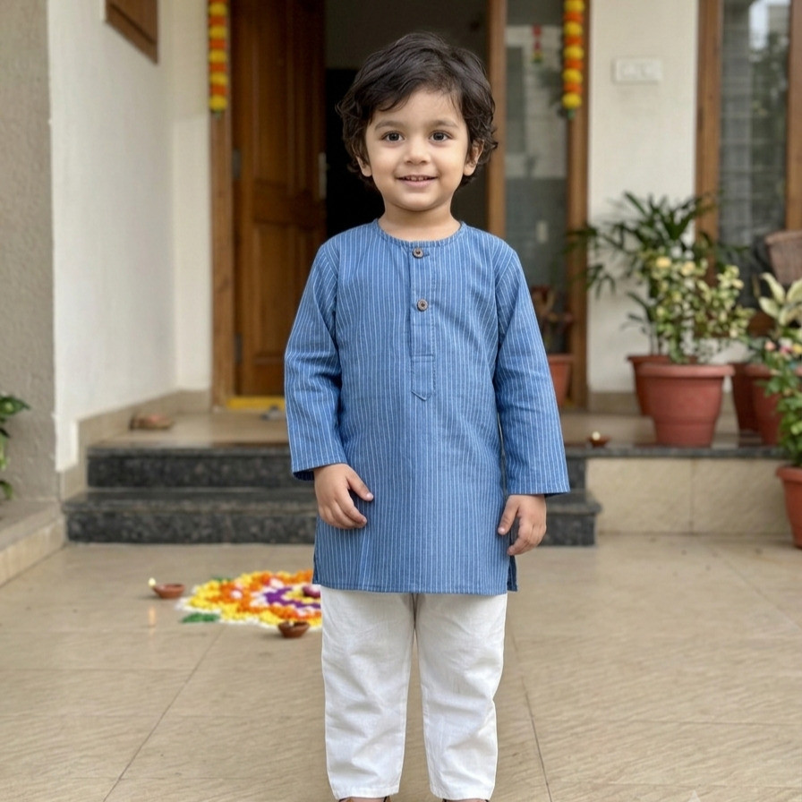Denim Blue Stripe Kurta Set for Boys