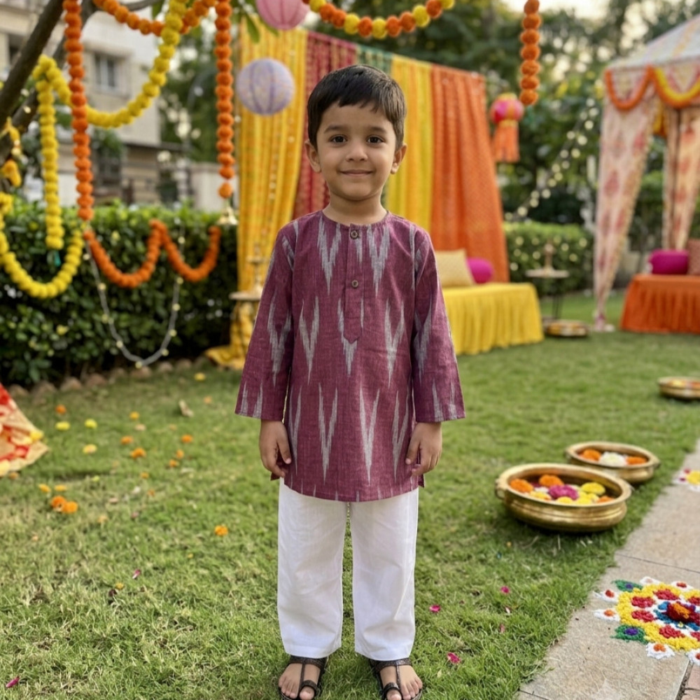 Image of Wine Ikkat Kurta Set for Boys